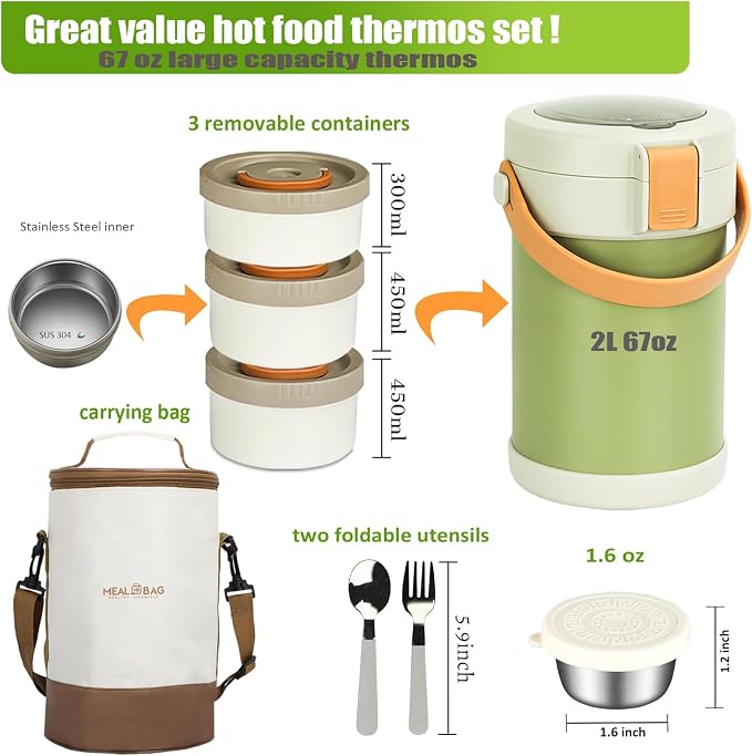 67oz/2L Thermo for Hot Food, 304 Stainless Vacuum Insulated Soup Thermo, Leakproof Thermal Lunch Box with 3 Stackable Bento Boxes & Leakproof Sauce Cups for Adults Office Travel Camping - Green