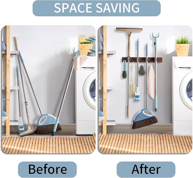 Left Pull Out Broom Holder Wall Mount, Broom and Mop Organizer Wall Hanging for Garage Garden Organize, Rustic Wood Broom Hanger with 4 Slots and 4 Hooks for Home Décor, Kitchen and Closet
