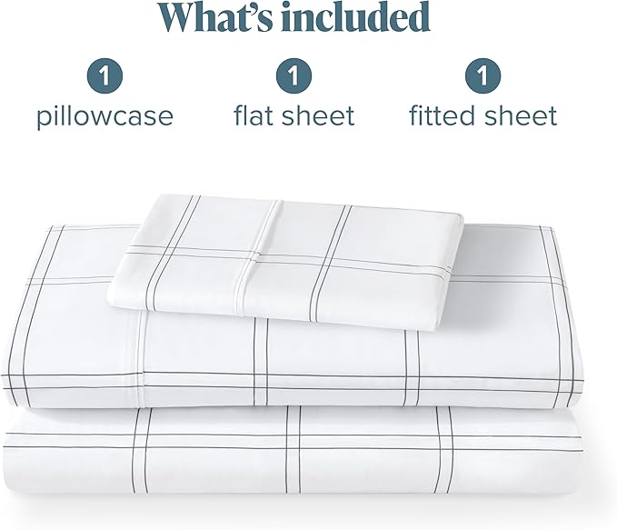 Bare Home Twin XL Sheet Set - College Dorm Size - Luxury 1800 Ultra- Soft Double Brushed Microfiber - Deep Pockets - Easy Fit - 3 Piece Bedding Sheet Set (Twin XL, Modern Plaid - White/Grey)