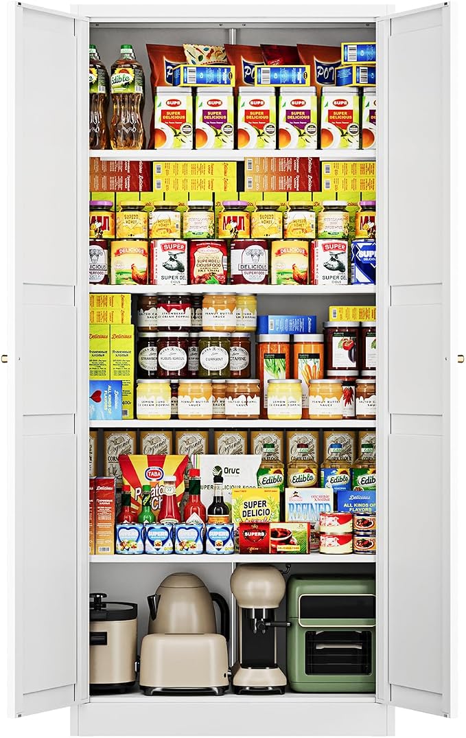 Letaya White Storage Cabinet with Adjustable Shelves-Metal Home Kitchen Pantry Cabinets with Doors,Organization Locker for Cupboard/Bedroom/Dining/Living/Bathroom/Office/Garage Room