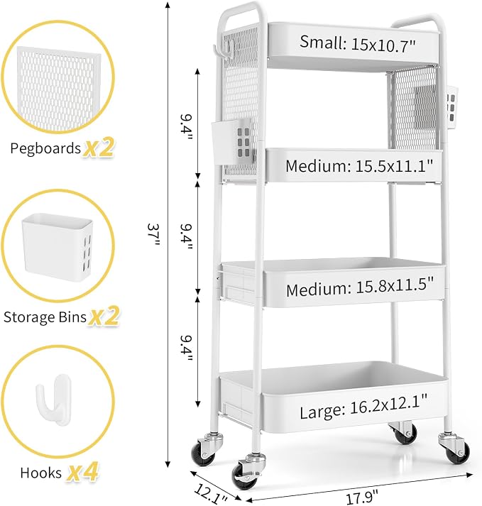 TOOLF 4 Tier Rolling Cart with Pegboard, Metal Storage Organizer Cart with Wheels, Hooks & Bins Esthetician Craft Art Sturdy Storage for Bathroom, Kitchen, Office, Nursery Diaper