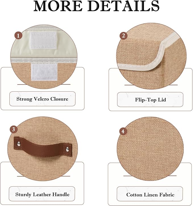 Collapsible Storage Boxes Baskets with Lid Cotton Linen Fabric Storage Bins with Faux Leather Handles Decorative Washable Cube Organizer Container for Home Closet Bedroom (Linen, Small Size)