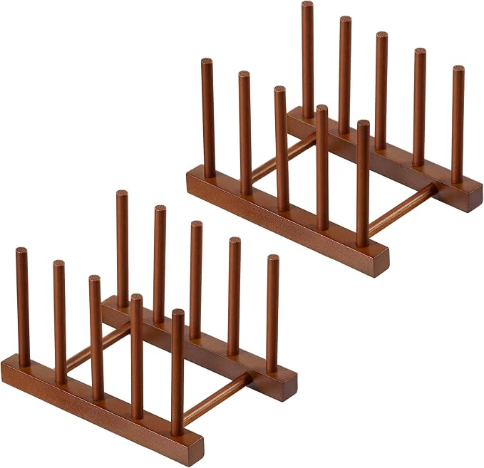 HBlife 2 Packs Teak Wooden Dish Drying Rack Stand Kitchen Plate Organizer | 4 Slots, Vertical Dish Racks for Cabinet Countertop & Wall, Plate Pot Lid Cutting Board Holder, Bowl Cup Drainer, Keep Dry