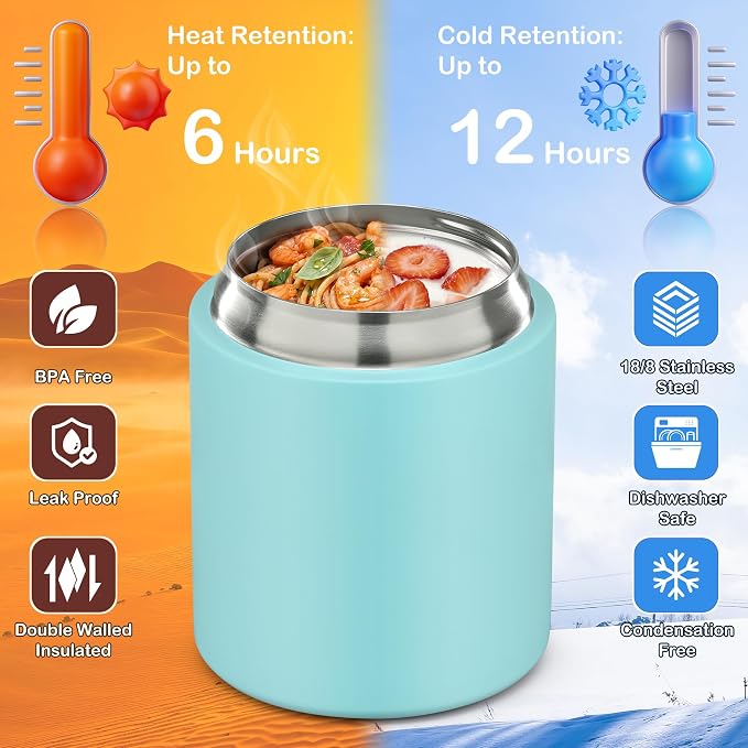 20oz Soup Thermo for Hot Food with a Snack Box Container，Leak Proof Insulated Lunch Container Kids and Adults，Stainless Steel Double Wall Vacuum Wide-mouth Food Jar with Spoon and Handle（Sky Blue）