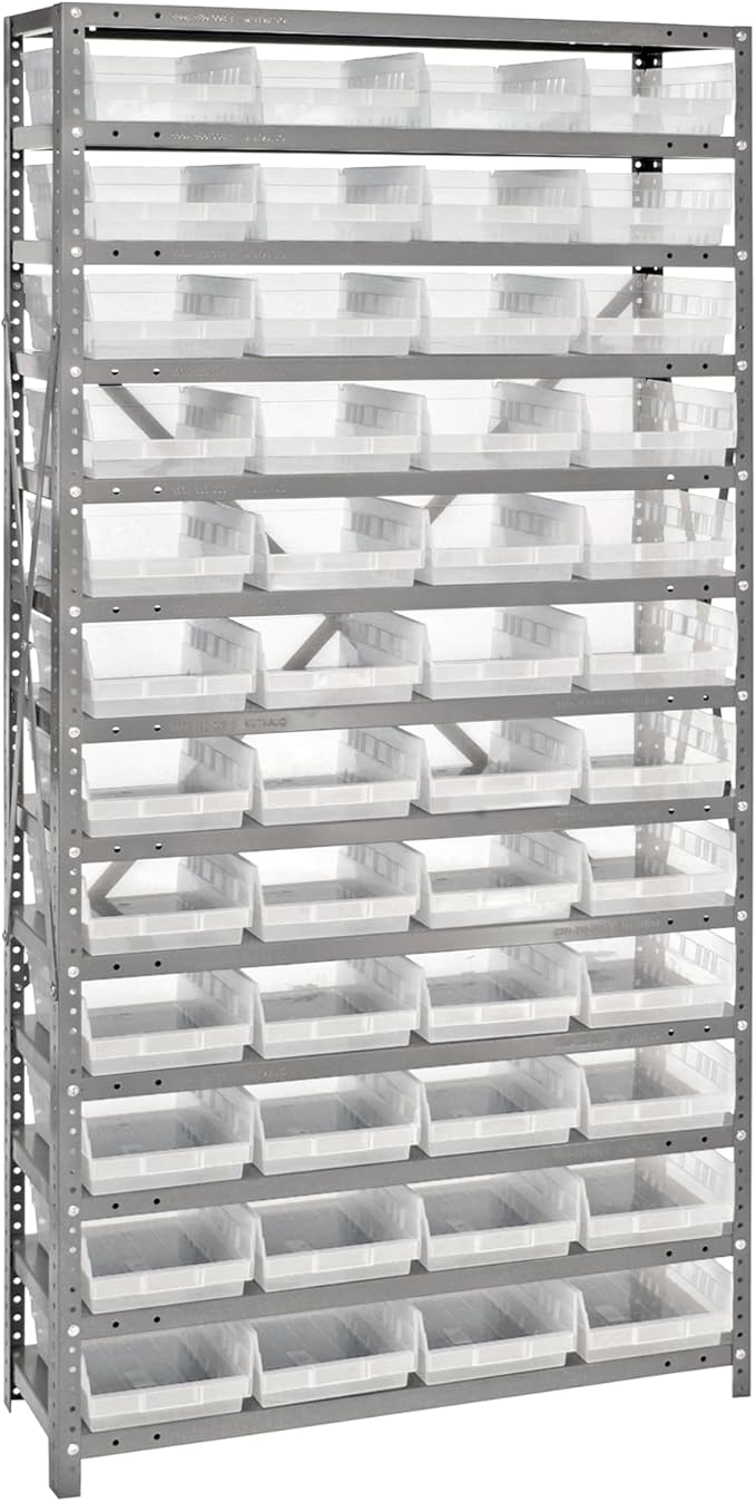 Quantum Storage Systems 1275-107CL Solid Heavy Duty 13 Shelves 48 Economy Clear Bins 75" H x 36" W x 12" D
