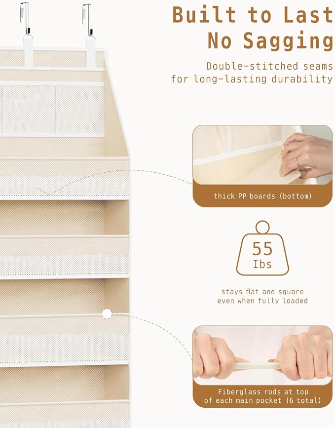 KMSCO Over The Door Organizer, 6 Large Pockets + 13 Mesh Side Pockets, Hanging Storage, 55lbs Capacity, Heavy Duty Non-Woven Fabric for Baby Nursery, Bathroom, Pantry, Closet, Beige, 1 Pack