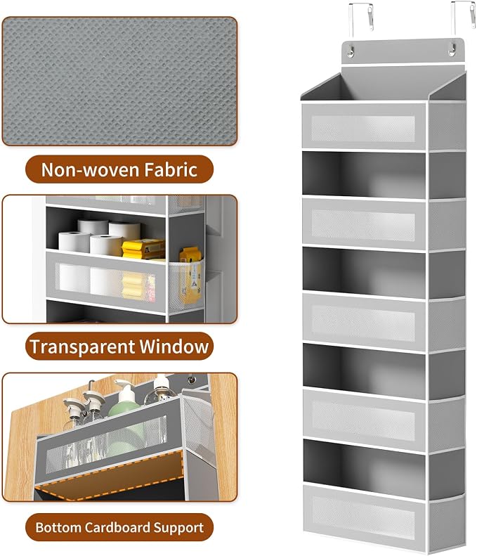 AQOOA 5-Tier Over The Door Organizer, Over the Door Storage 5 Large 10 Side Pockets 44 lbs Load Behind Door Storage, Closet Door Organizer Hanging Shelf for Bathroom Bedroom Nursery, Grey