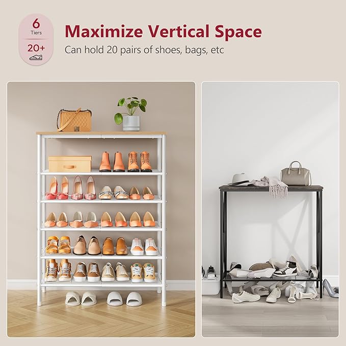 Tajsoon 6 Tier Shoe Rack Organizer for 20-24 Pairs of Shoes, Metal Mesh Shoe Shelf for Closet, Industrial Shoe Rack for Entryway Shoe Storage with X Shape Fixed Frame, White Log