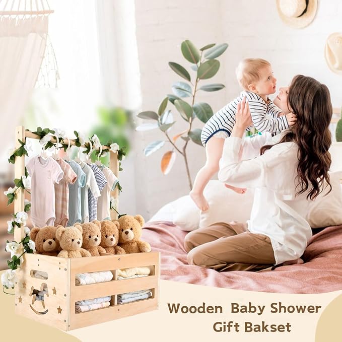 Baby Shower Crate Closet - Wooden Gift Basket with Hangers and Removable Divider, Personalized New Mom Gifts to Welcome Newborn Boys Girls (Natural Wood)