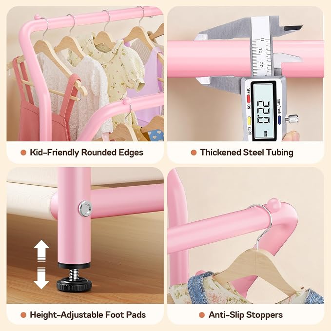 Kids Clothing Rack with Double Hanging Rods and Storage Basket | Child-Height Dress Up Storage for Toddler, Open Kids Closet for Baby Clothes, Costumes, Shoes and Toy, Bedroom Nursery