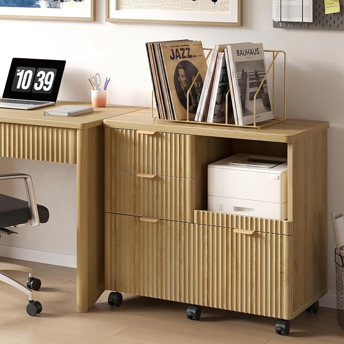 Bestier 3 Drawer File Cabinet, Decorative Fluted Wood Lateral Filing Cabinet with Caster for Home Office, Fits for A4/Letter/Legal-Sized Files, Printer Stand with Open Storage Shelves, Oak