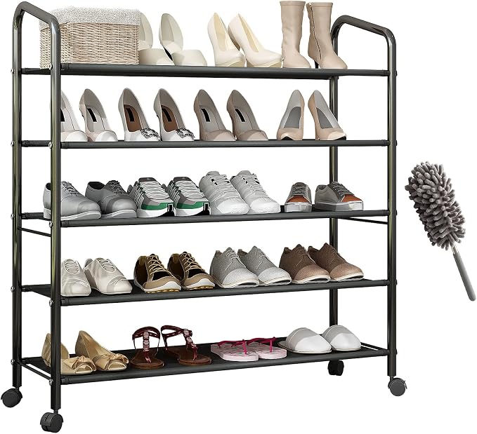 5 Tier Black Metal Shoe Rack Organizer Shoe Stand,Sturdy Rolling Shoe Shelves Storage Racks Organizer for Garage Entryway Closet Floor,with Wheels,31 Inches Wide,Fabric Shelves