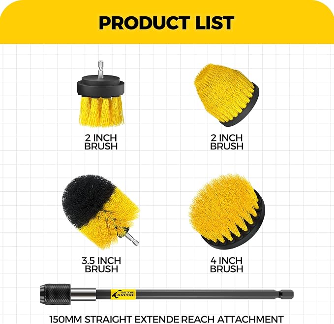 Holikme 5Pack Drill Brush Attachment Set，Power Scrubber Brush Extended Long Attachment for Bathroom Surfaces, Grout, Floors, bathtubs, Showers, Tiles, Kitchens and Cars，Yellow | 4 nylon scrub brushes,yellow,Power scrubber kit for Bathroom Surfaces, Gro...