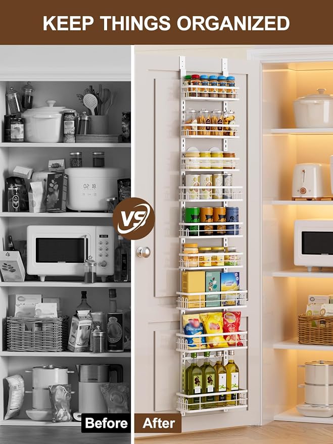 Delamu 9-Tier Over the Door Pantry Organizer, Adjustable Pantry Door Organizers and Storage, Metal Hanging Basket Wall Spice Rack Seasoning Organizer, Door Organizer Kitchen Bedroom Bathroom,12"White