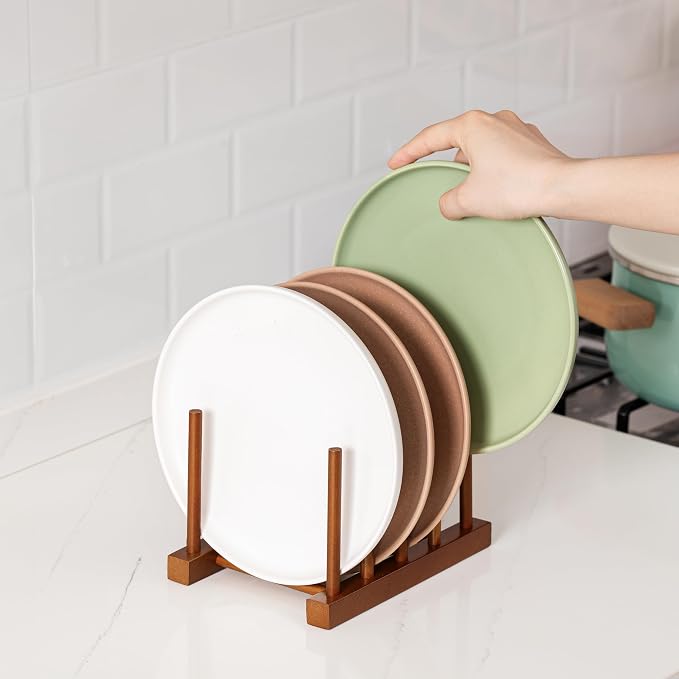 HBlife 2 Packs Teak Wooden Dish Drying Rack Stand Kitchen Plate Organizer | 4 Slots, Vertical Dish Racks for Cabinet Countertop & Wall, Plate Pot Lid Cutting Board Holder, Bowl Cup Drainer, Keep Dry