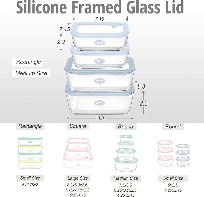 Urban Green Glass Food Container Set with Silicone Glass Lid, Square Shape, 4 Pack, Airtight, LeakProof, 100% Plastic Free, Meal Prep Food Storage Containers, Blue Color