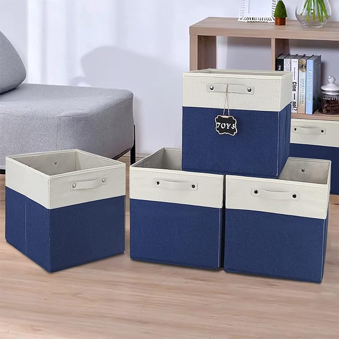 13x13x13 Inch Large Foldable Fabric Linen Cube Storage Bins【4-pack】, with Cotton Handles Closet Bins for Cabinet Shelves Home Organization and Storage bins(White&blue)