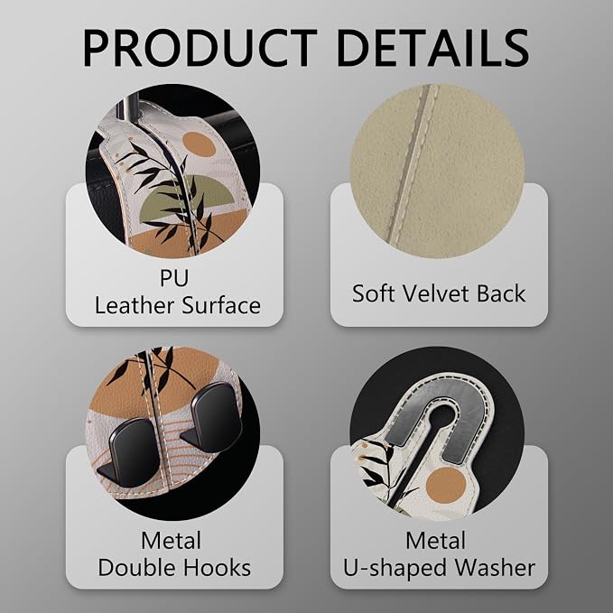 Blusabaca 2PCS Car Seat Headrest Hooks, Purses Bags Holder, Boho Leaves | PU Leather, Double Metal Back Storage Hangers for Grocery Bags Handbags Bottles Coats Phones, Car Accessories Organization