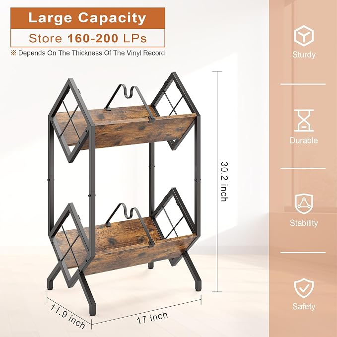 RUILALIFE 2-Tier-Vinyl-Record-Storage-Holder With Dividers, Metal Album storage for vinyl records display Shelf, Vintage 160-200 LP Storage Shelf Stand