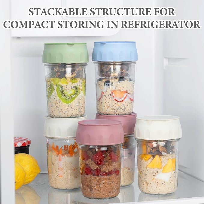 SOLIGT 2 Pack Overnight Oats Containers with Lids (Oat White/Oat White) | Folding Spoons and Divided Compartments for Fruit&Nuts, Small Glass 16oz Mason Jars for Oatmeal Yogurt Parfait