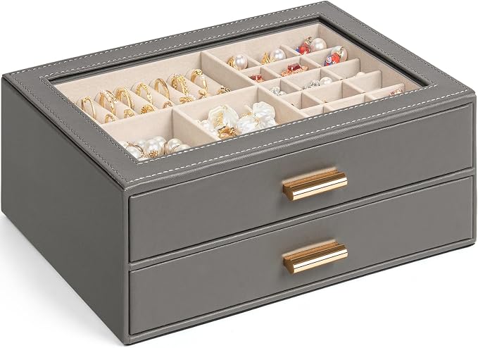 AKOZLIN Jewelry Box with Clear Lid Functional Leather Jewelry Storage Organizer Case 2 Drawers for Women Girls Necklace Ring Bracelet Earring