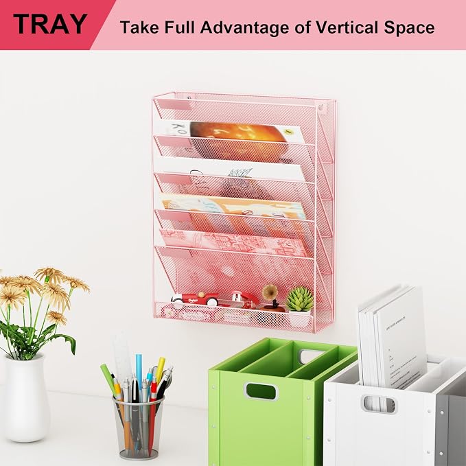Wall File Organizer Holder Mesh Hanging Paper Document Holder, Vertical 6 Pocket Tier for Office Home, Light Pink