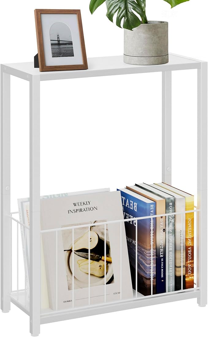 Homleke Narrow Side Table with Magazine Holder, Skinny End Table | Space-Saving Design, Small Spaces, Storage Shelf, Metal Frame, Easy Assembly, 7.1" D x 16.9" W x 23.6" H, White
