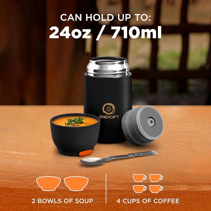 Vacuum Insulated Food Jar. Large 24oz Bowl incl. Folding Spoon, Cup. Wide Mouth Keep Hot & Cold Drinks Soup Lunch Container for Adults. BPA-Free Stainless Steel, Leak Proof Black Matte