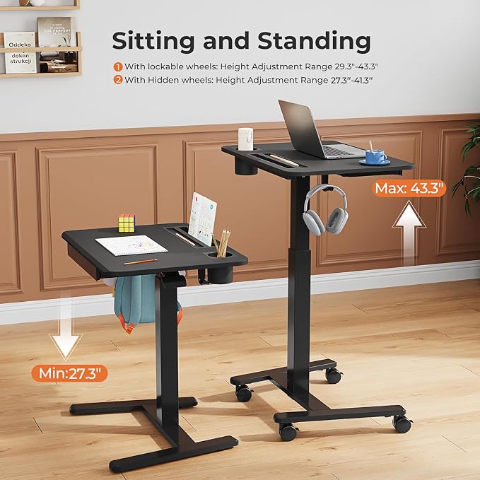 28" Mobile Standing Desk with Drawer, Portable Laptop Desk | Rolling Desk with Cup Holder & Hooks, Height Adjustable Computer Cart on Wheels for Classroom, Study Desk with Storage, Black