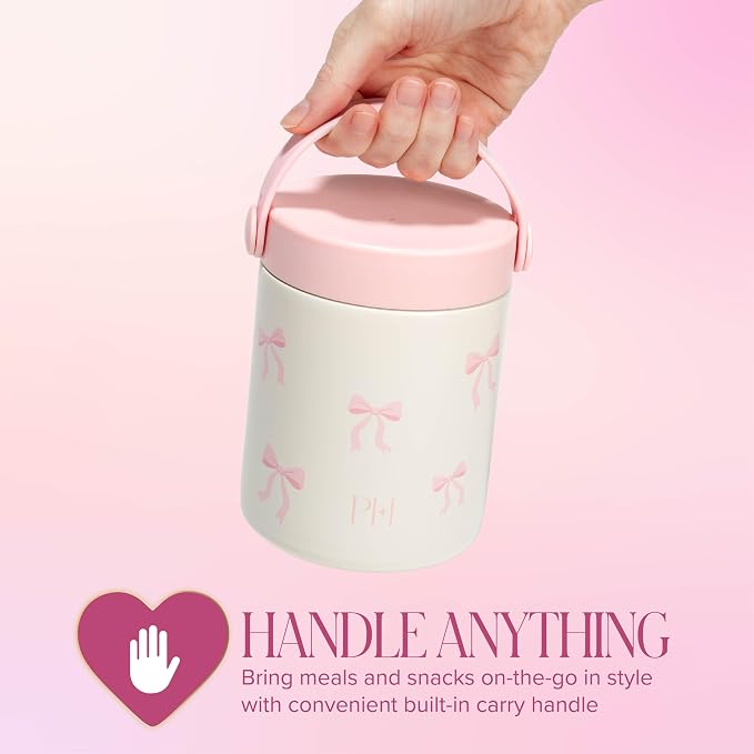 Paris Hilton Double Wall Stainless Steel Food Jar, Vacuum Insulated Leakproof Thermal Lunch Container with Printed Pink Bow Design, Keeps Food Hot or Cold for Hours, 15-Ounce, Marshmallow Dreams White