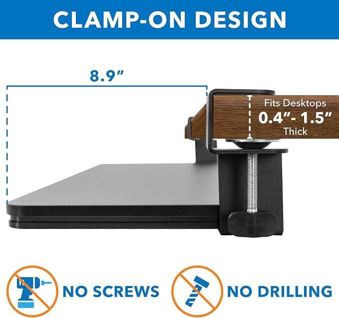 Mount-It! Clamp-On Under Desk Keyboard Tray, No-Drill Slide-Out Keyboard & Mouse Platform, 26.4" W × 11.8" D, Adjustable Ergonomic Keyboard Drawer, Fits Desks up to 1.5" Thick