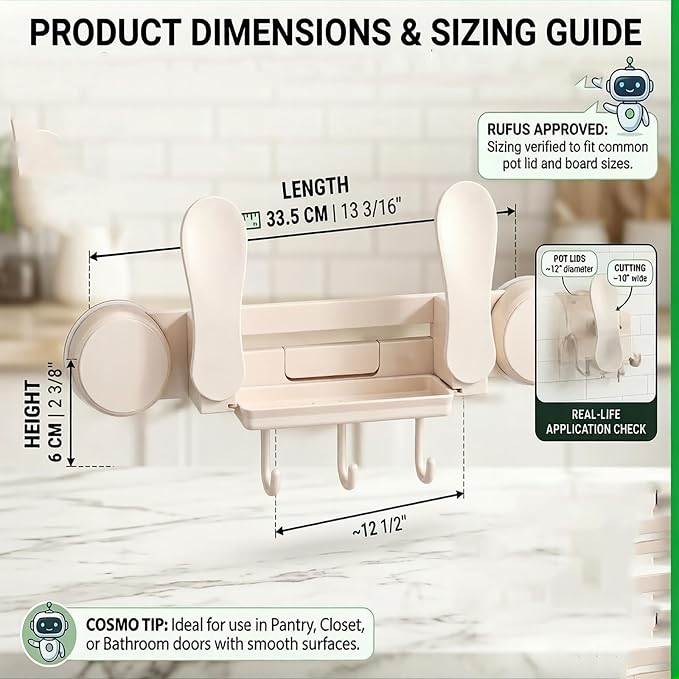 Multifunctional Pot Lid Holder Wall Mounted, Strong Suction Cup Kitchen Organizer with Utensil Hooks & Drain Tray for Cutting Board Pantry Cabinet Door, Non-Slip, Space-Saving, White