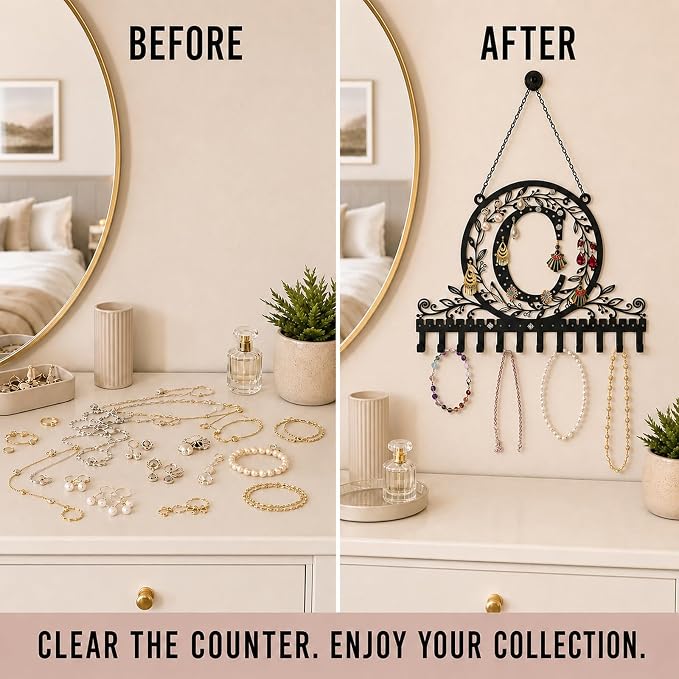 Personalized Wall Mounted Metal Initial Letter C Earring Holder Jewelry Organizer for Earrings and Necklaces Space Saving Wall Display with Hooks Jewelry Storage Bedroom Vanity Gift for Women
