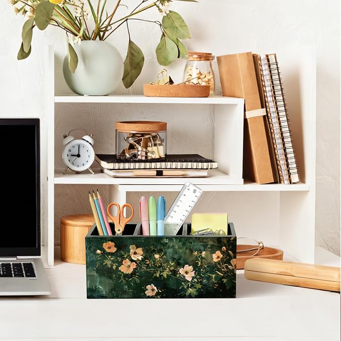 Dark Green Floral Pen Pencil Holder for Desk, Moody Cottagecore Botanical Flower Wooden Box Sign Organizer for Home Room Office Bedroom Desk Accessories Tabletop Decorations