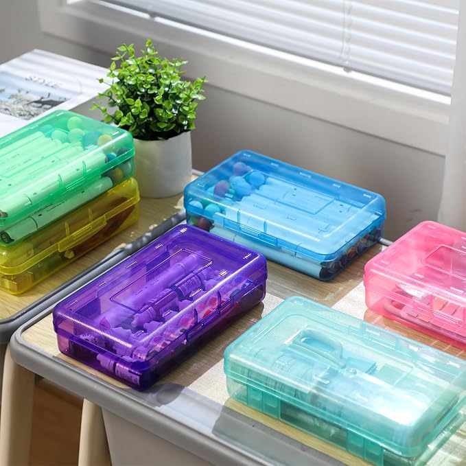 Blulu 6 Pack Large Plastic Pencil Case Clear Pencil Boxes Bulk Hard Crayon Box Storage with Lid Snap 8.1 x 4.7 x 2.2 Inch Closure Painting Marker Organizer Large Capacity Back to Supplies Multicolor