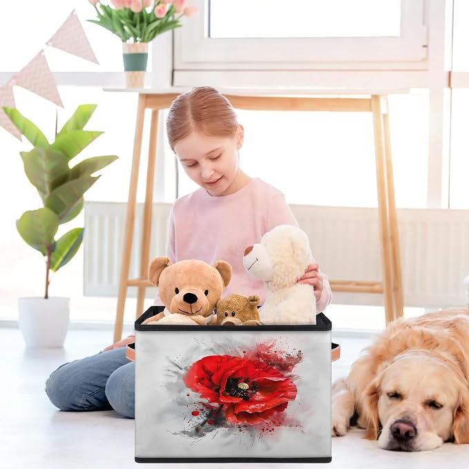 Red Flower Closet Storage Bin, Foldable Storage Baskets for Shelves, Decorative Shelf Organizer Poppy Floral Black Grey Vintage Fabric Cube Bin for Living Room Bedroom Home Dorm