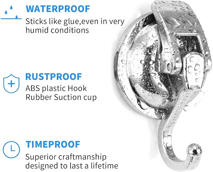 Heavy Duty Vacuum Suction Cup Hooks, Silver Plated Polished ABS Plastic and TPU Rubber Super Suction for Kitchen Bathroom, 1 Pack