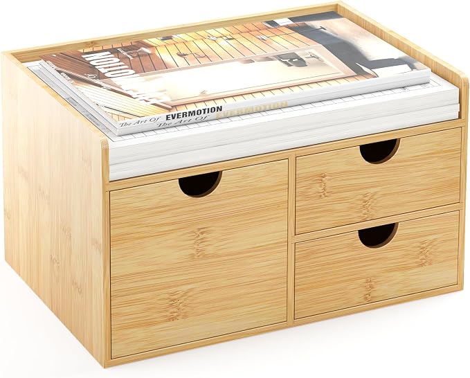Bamboo Desk Organizer with Drawers, Desktop Storage for Office Supplies | 3 Drawers Desktop organizer, No Assembly Required, Natural Wood Wooden Desktop Drawers Box for Bills, Cosmetics, Seals, Paper