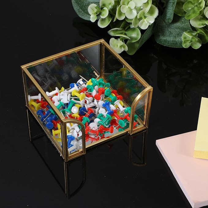 2-Pack Golden Glass Sticky Note Holder for Desk, Stick Note Holder Dispenser Organizer with Non-Slip Pads, 3.54x3.54x1.96 Inch Clear Memo Pad Holders for Office Supplies & Home Decor