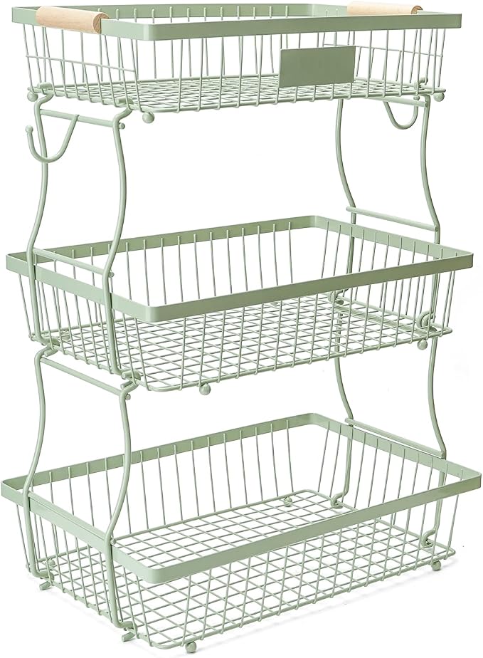 3 Tier Fruit Basket with 2 Banana Hangers, Countertop Fruit Vegetable Stand Produce Holder Organizer for Onion Potato Bread Snack Veggie Green