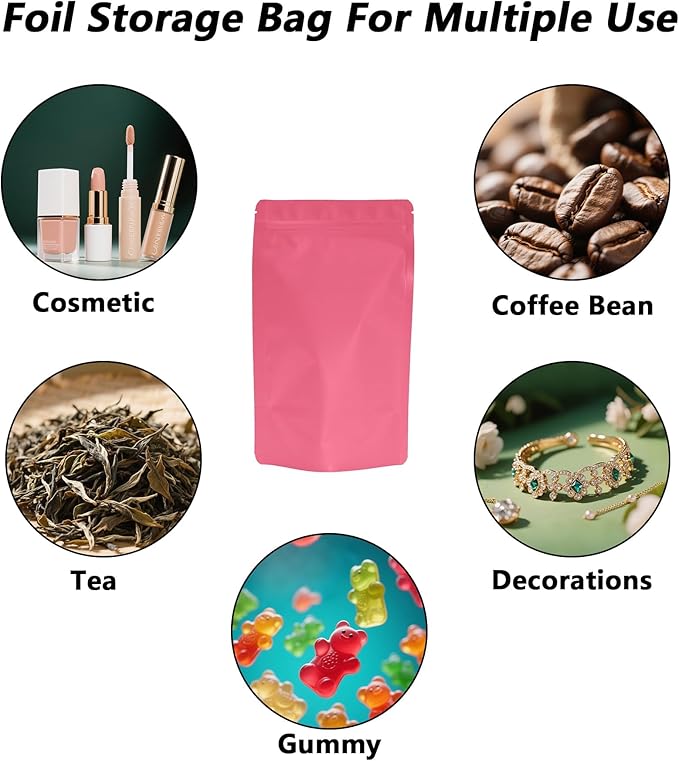 100PCS Smell Proof Resealable Pouch Bags,ULIFESTAR Aluminum Foil Flat Food Storage Bag,Sealable Pcsaging Zipper Pouches with Tear Notches for Pcsaging Lipgloss,Jewelry,etc(12*20cm/4.72*7.87",Pink)