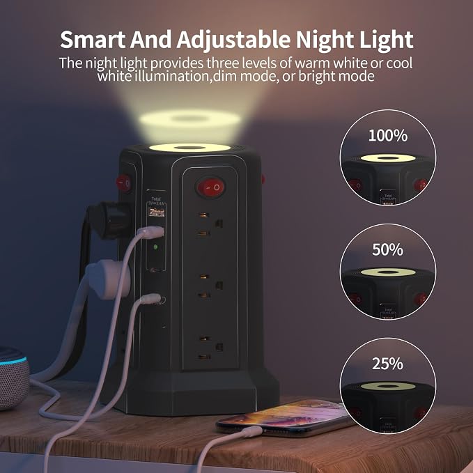Surge Protector Power Strip 10 FT Cord, PD 20W USB C Power Strip Tower with Night Light, Extension Cord with Multiple Outlets with 4 USB Ports(2A+2C), PASSUS Charging Station Home Office Essentials