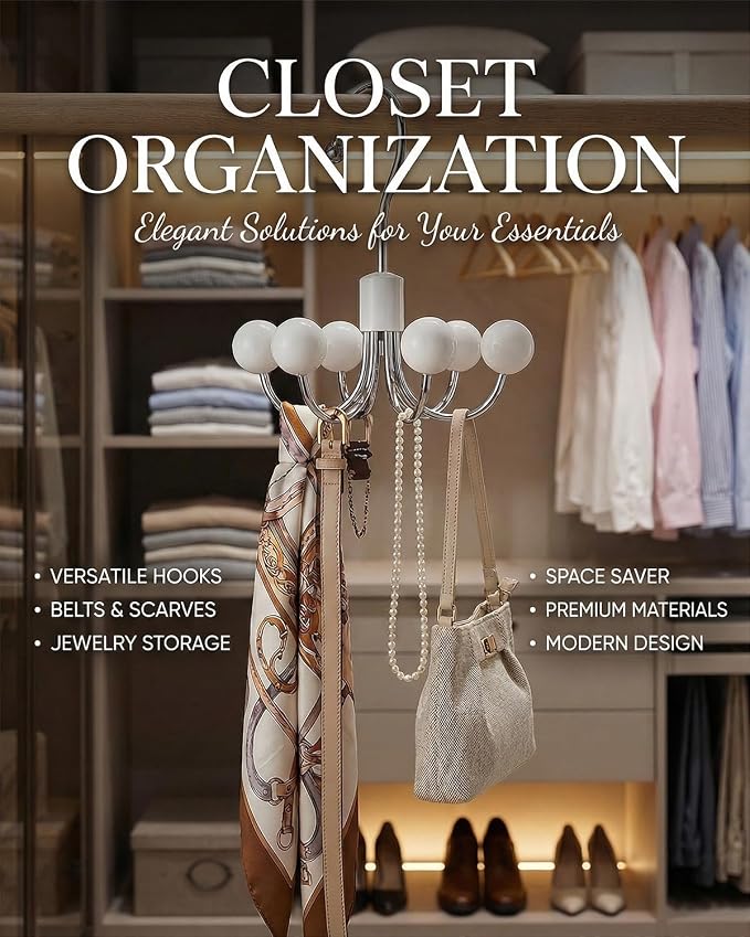 2 Pack Hoodie Hangers 360° Swivel Hooks with Wood Balls for Storage, White | Hanging Closet Hat Purse Tanktop Handbag Necklace Organizer Bra Hanger and Storage Save Space