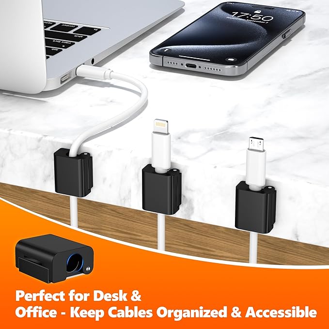 AGVEE 6 Pack Magnetic Cord Organizer Clips, 10mm Ultra-Thin Aluminum Cable Management Holder, 2 Pairs of Strong Magnets Keeper for Home Desk Office Gadgets Accessories, Residue-Free Tape, Black