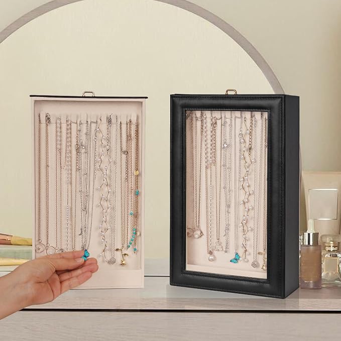 2-Layer Necklace Organizer Box with Double-Sided Clear Lid, Black | Jewelry Storage Case, Anti-Tangle Necklaces Display Holder for Pendants Bracelets, Jewelry Organizer for Women Girls
