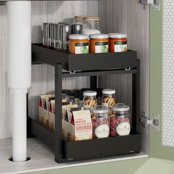 APRTAT 2 Pack Under Sink Organizer, Bamboo Wooden 2-Tier Pull-Out Storage with Sliding Drawers for Kitchen and Bathroom Cabinets, Easy Installation (Black, 1 pack)