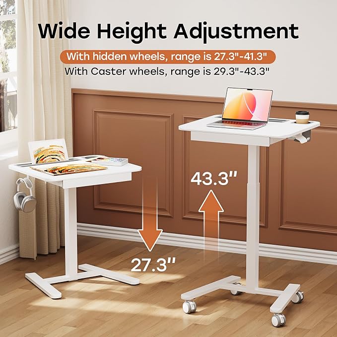 Small Mobile Standing Desk with Drawer, 23.6" x 19.7" Top | Height Adjustable Rolling Teacher Desk with Cup Holder and Hooks, Portable Workstation on Wheels for Classroom & Study, White