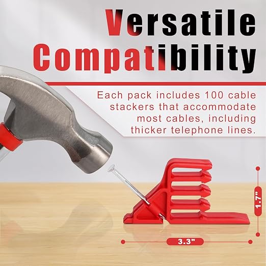 Multi Cable Staples 100 Pack Compatible with Romex Clips, Red Wire Stackers | Insulated Cord Electrical Cable Clip Stackers with Steel Nails for Organizing Multiple Coaxial and Data Wires on Wood Framing