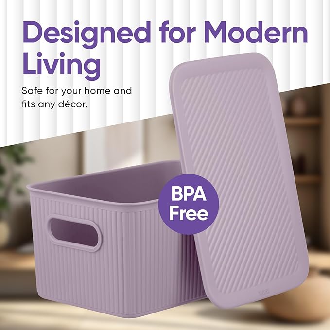 Superio Ribbed Collection Lid for Decorative Plastic Basket Open Home Storage Bins Organizer Baskets, Medium Lilac - for Organizing Closet Storage Bins for Shelves Drawer Shelf 5 Liter