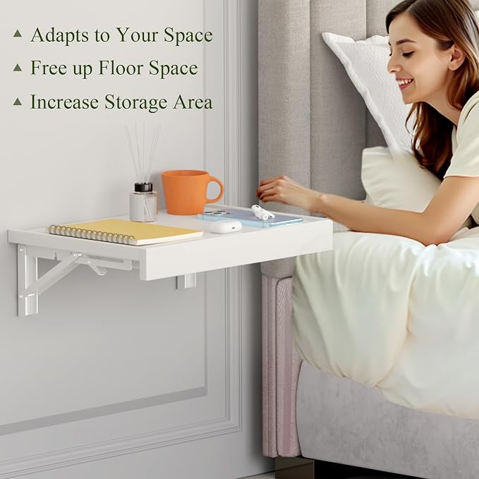 TEAMIX Wall Mounted Folding Bedside Shelf, White Wood Floating Nightstand Table with Heavy-Duty Brackets, 16.5''x12'' Space Saving Bed Side Tray Storage for Bedroom, Living Room, Dorm (White, Basic)
